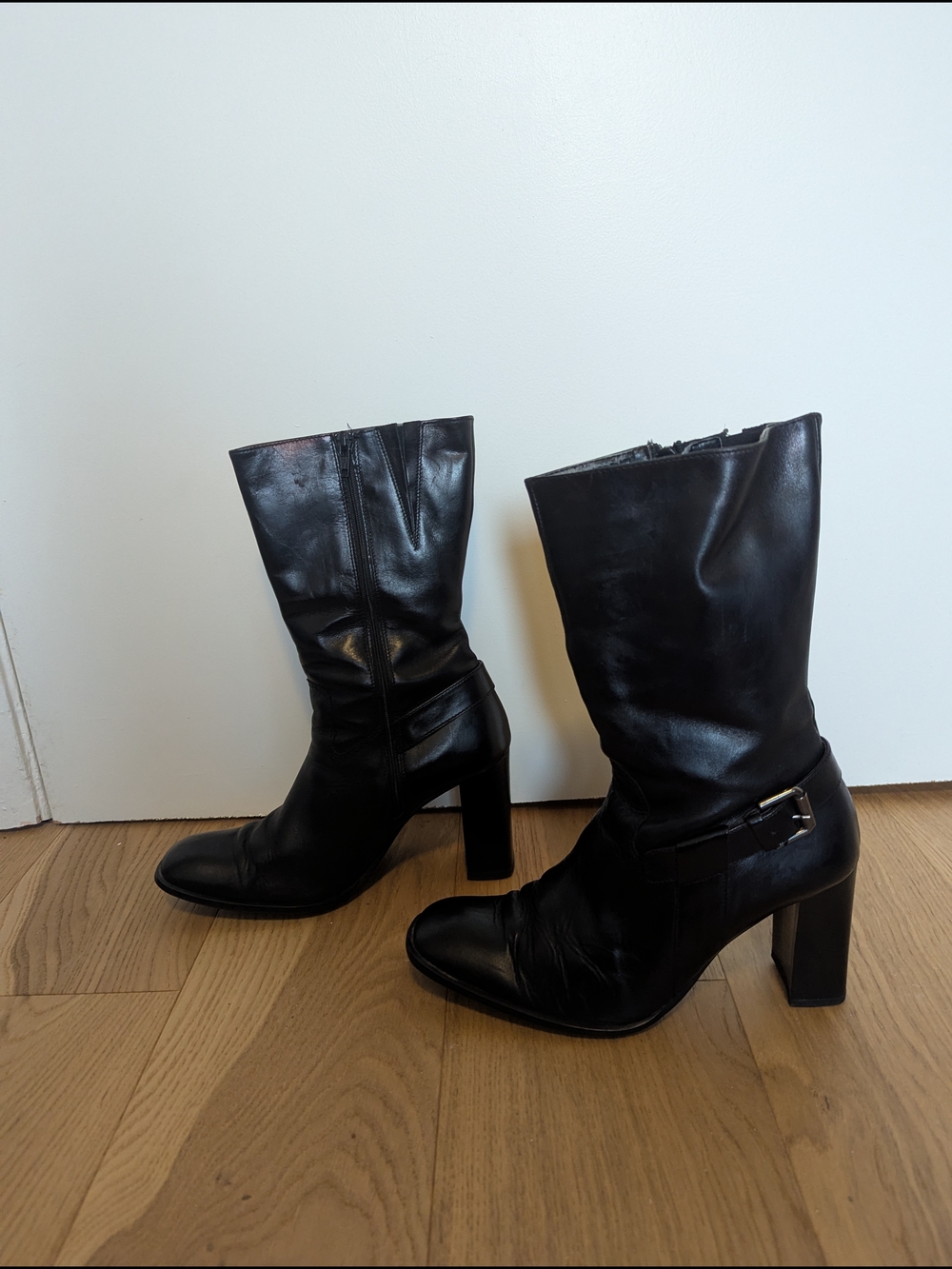 Black Leather Mid-Calf Heeled Boots - Women's Fashion Boots Size 40 / Size 9